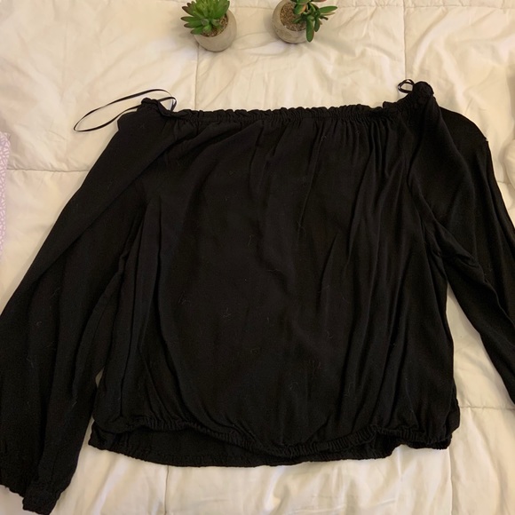 Black Off The Shoulder Top with Embroidered Flower - Picture 3 of 3